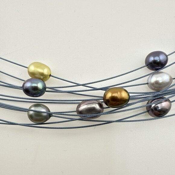 Honora Pearl Necklace Illusion Wire Blue Multi Color Gray Multi Strand Box - Picture 4 of 15